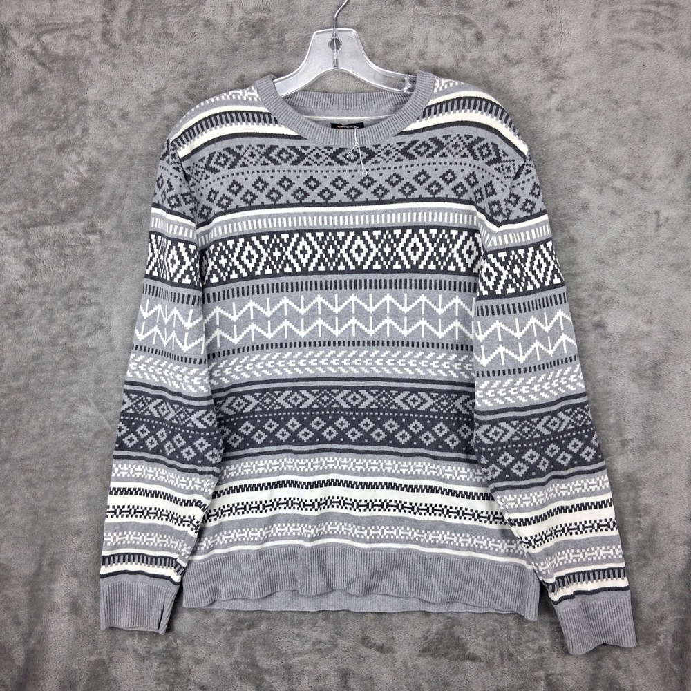American Rag Mens Large Grey Fair Isle Cotton Crew Neck Sweater Geometric Knit